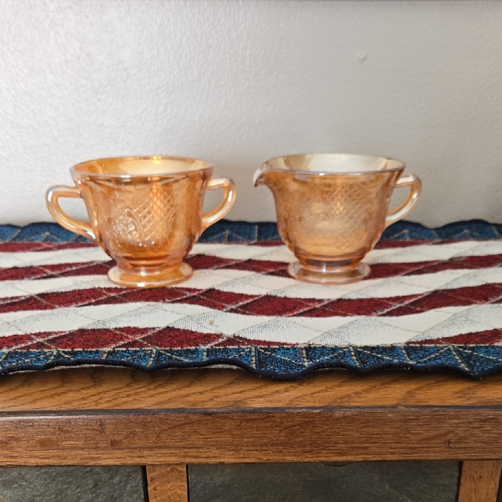 Elegant Carnival Amber Glass Creamer and Sugar Set